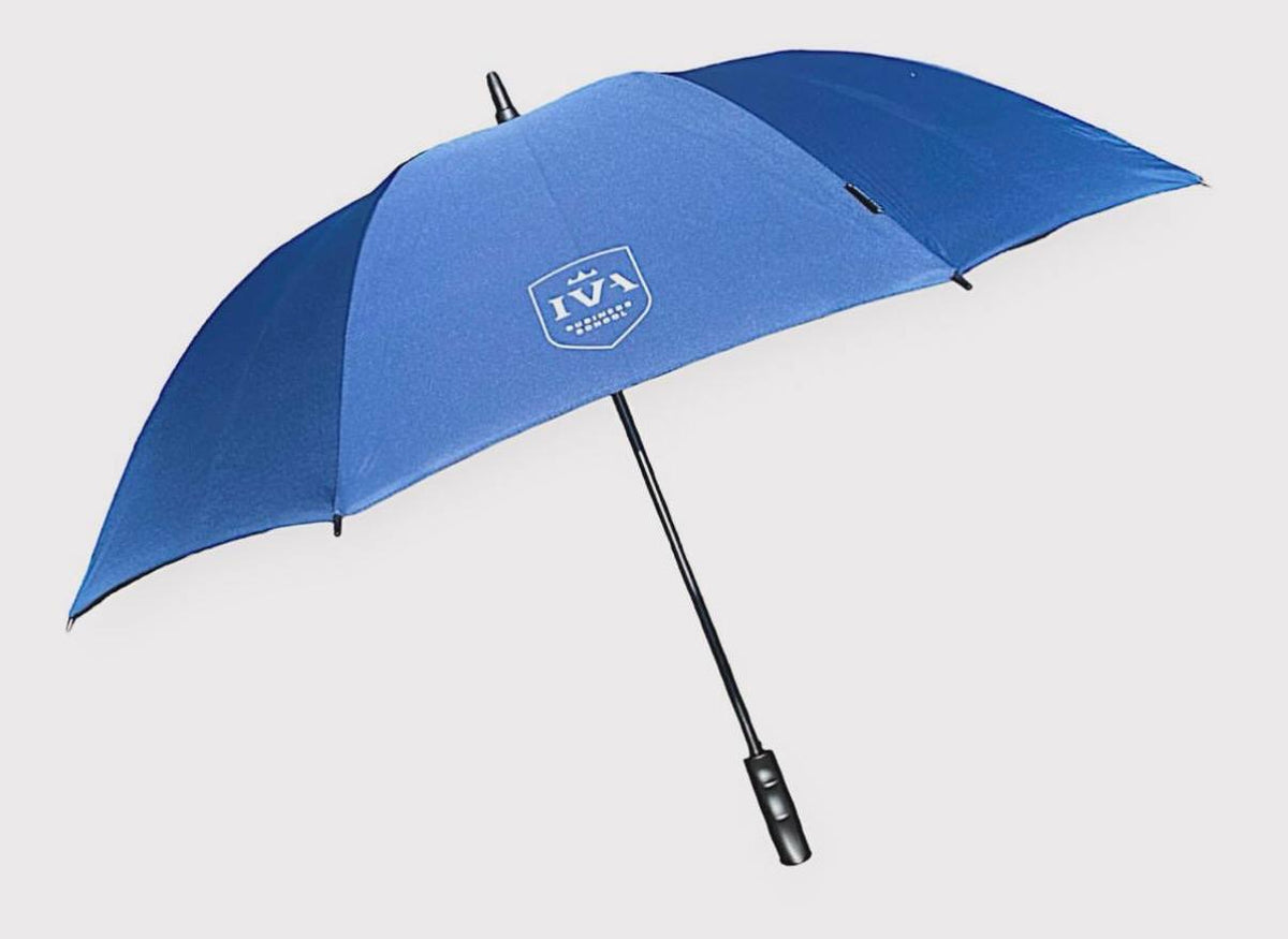 Windbestendige IVA paraplu in navy met logo van IVA Driebergen Business School
